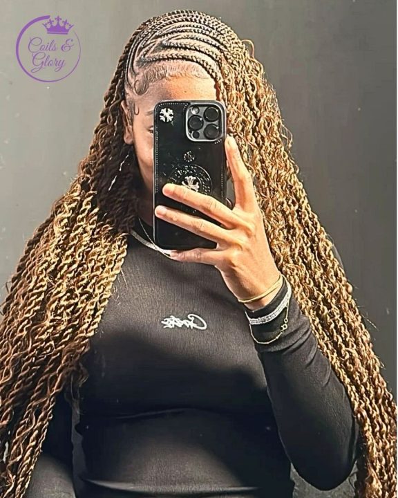 Honey blonde boho rope twists braided in a side-swept lemonade style with loose wave curls.
