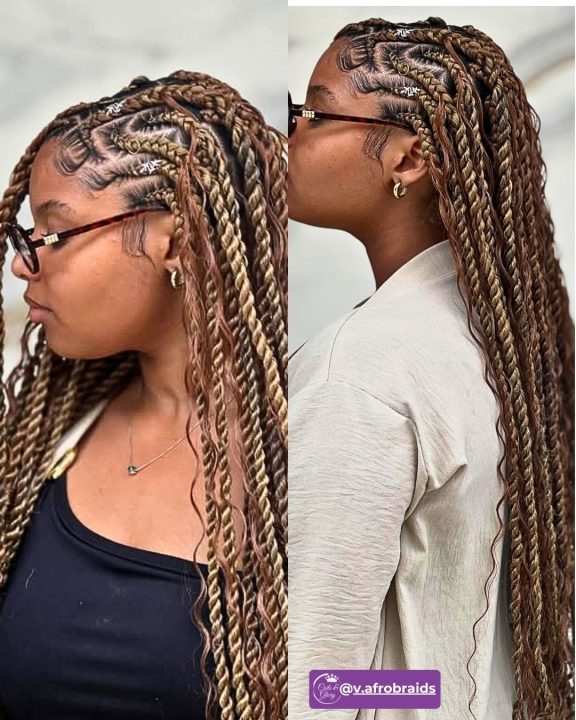 Honey brown boho lemonade twists finished with small Bantu knots at the ends.