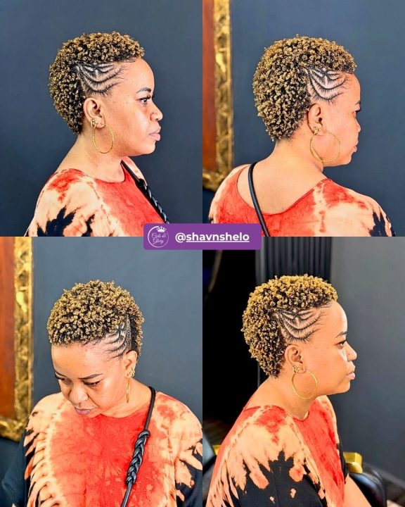 Warm honey blonde tight-coiled cropped haircut with defined natural texture on top, detailed with neat, curved micro-braids patterned along the temples and sides.