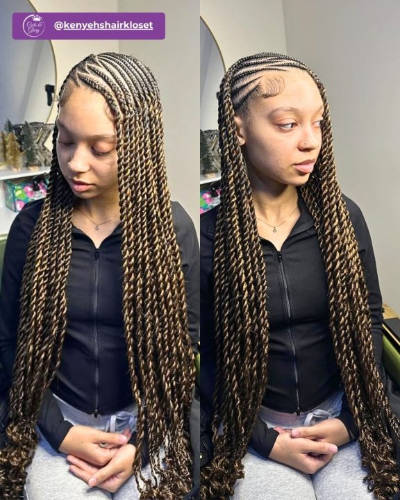 Jet black boho feed-in lemonade braids styled with loose curls and swooped edges.