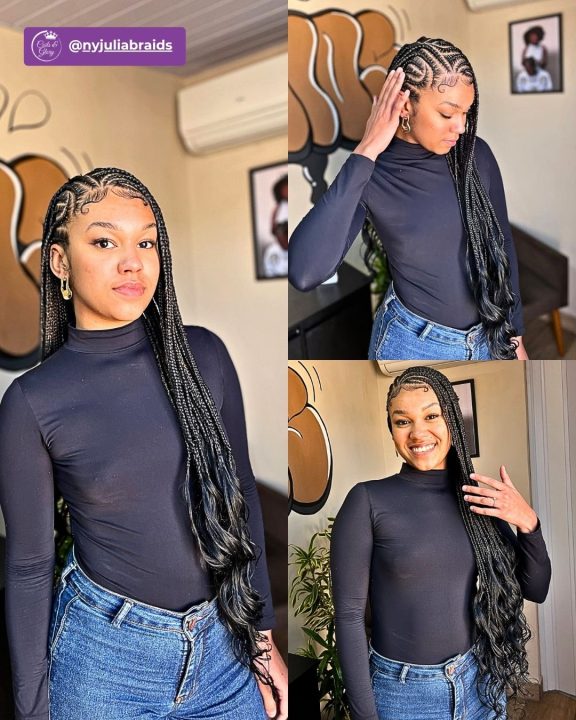 Jet black boho feed-in lemonade braids styled with loose curls and swooped edges.