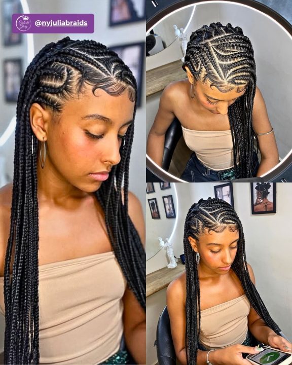 Jet black goddess feed-in lemonade twists featuring clean stitch parting lines.