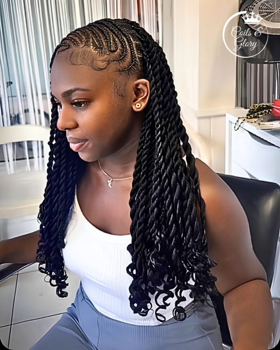 Side-swept lemonade flat twists finishing in spiral curly tips.