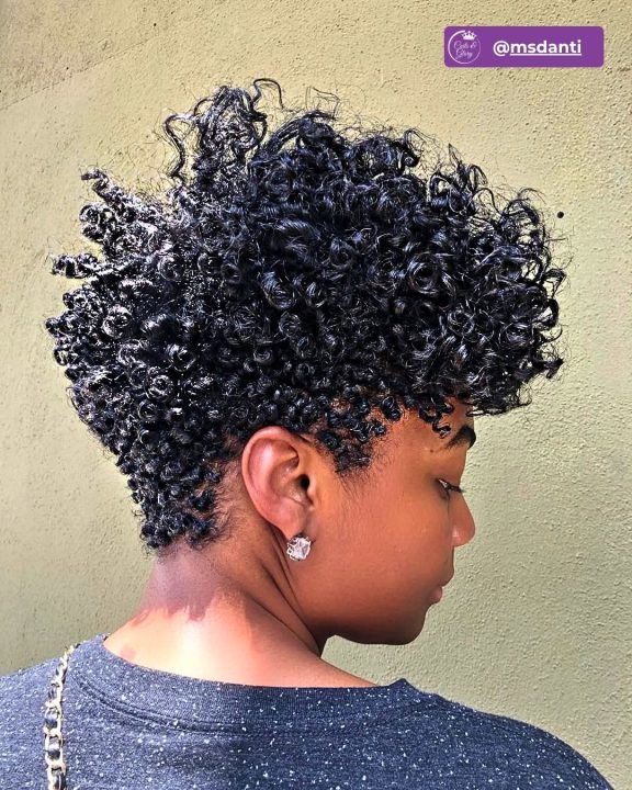 Natural black defined-curl tapered pixie afro women's haircut for short natural curly hair.