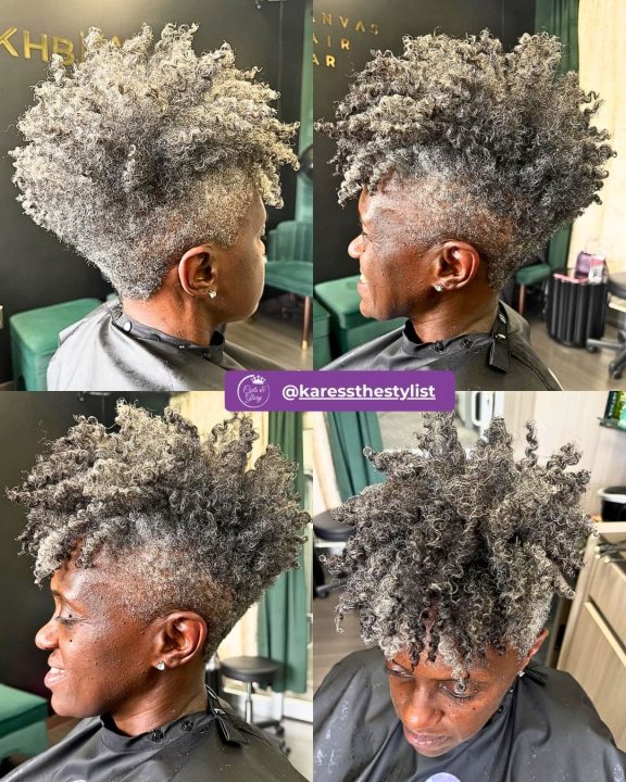 Natural grey defined-ringlet pixie afro taper women's haircut for short gray natural hair.