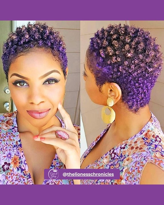 Vivid violet coiled afro taper women's haircut with highlights for short natural hair.
